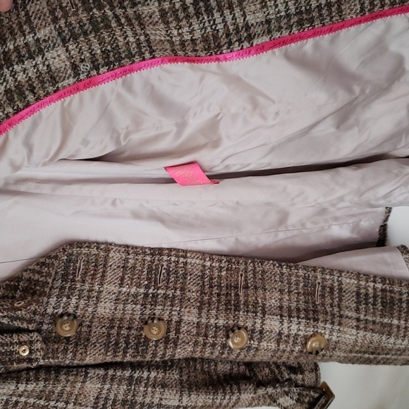 Betsey Johnson wool blend neutral boucle plaid midi double breasted coat w/ tie - Picture 10 of 12